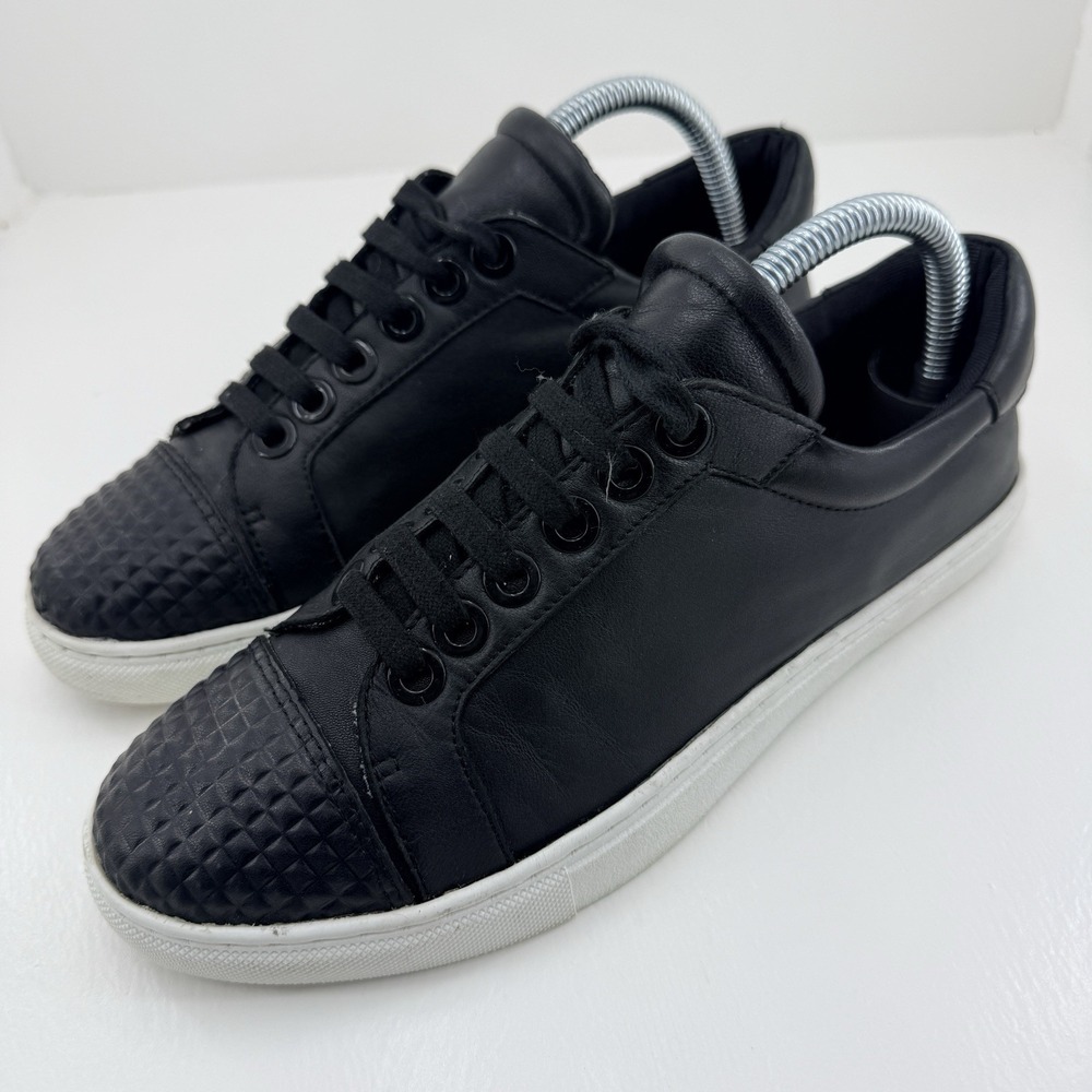Rebecca Minkoff Womens 8M Black Leather Sneakers Quilted Toe Cap Lace Up Shoes